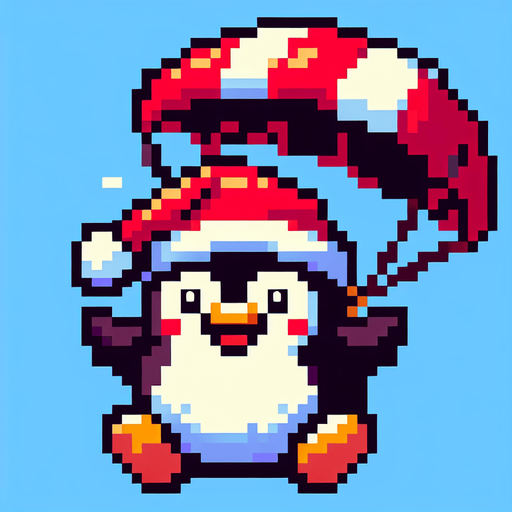 cute fat chubby parachuting penguin wearing a santa hat. pixelated. 8 bit. Single Game Texture. In-Game asset. 2d. Blank background. High contrast. No shadows.