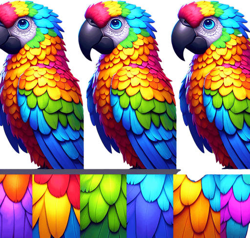 a colorful parrot.
Single Game Texture.  In-Game asset.  2d.  Blank background.  High contrast.  No shadows