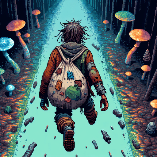 Directly overhead, plumb view of a beggar heading top (we see his back)..
Zenith view, directly overhead, plumb view. NOT PERSPECTIVE! Fantasy theme. Pixel art