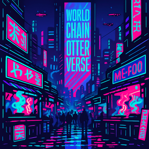 Generate a 4K cyberpunk street market scene at dusk: crowded neon stalls, glowing signage in kanji and Latin scripts, and slick pavement reflecting holographic ads. A towering LED banner proclaims ‘World Chain Otterverse’ in bold angular typography. Add drifting smoke from street food vendors, flickering drone traffic overhead, and a moody violet-cyan color palette—no characters or coins visible..
In-Game asset.  2d.  High contrast.  No shadows