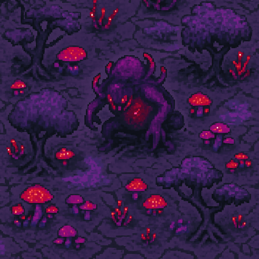 “Top-down 2D pixel art of a corrupted purple biome with twisted terrain and glowing fungal elements. A monstrous purple creature stands or crawls among deformed trees with dark trunks and sickly foliage. The environment is filled with warped nature: crooked trees, glowing red or violet plants, cracked soil with dark veins, and scattered patches of toxic mist. The monster has a grotesque form, with tentacles or spines, and a faint red glow. The scene is rich in environmental details, designed as a high-quality overworld area in a dark fantasy pixel art game.”.
In-Game asset.  2d.  High contrast.  No shadows
