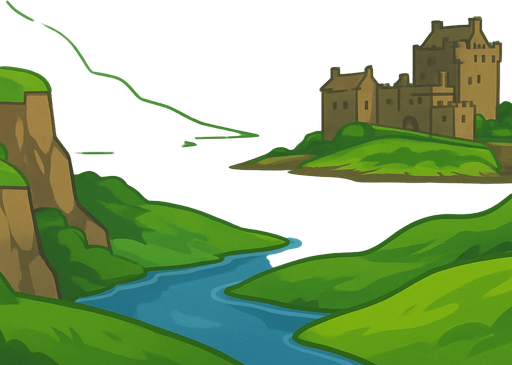 A 2D cartoon-style background inspired by the scenic landscapes of Scotland. Include lush green hills, rocky cliffs, a winding river or loch, and a historic Scottish castle in the distance (like Eilean Donan). Add some rolling mist or cloudy skies for atmosphere. Style should be colorful, clean, and game-friendly — flat illustration or soft-shaded vector. Ideal for a music game featuring bagpipes. Export as a wide landscape (1920x1080) with transparent or fixed background, no text or UI..
In-Game asset.  2d.  High contrast.  No shadows