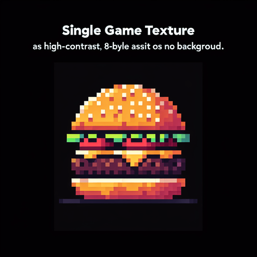 burger.
Single Game Texture. In-Game asset. 2d. Blank background. High contrast. No shadows. 8bit. no background.