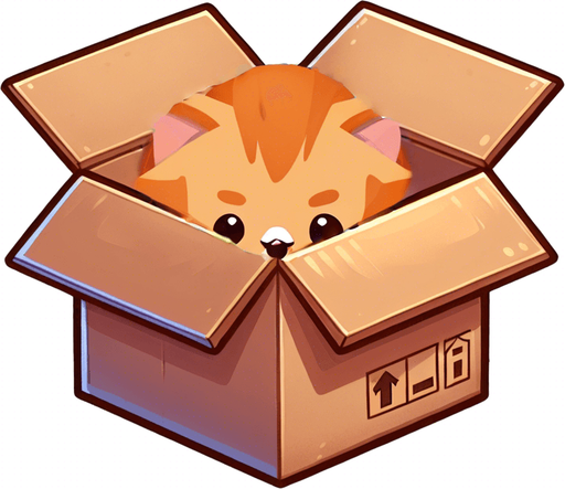 Detail of face head and ears of a cute Chibi ginger cat's looking from the box into the camera. Cheeky, happy. Brown eyes