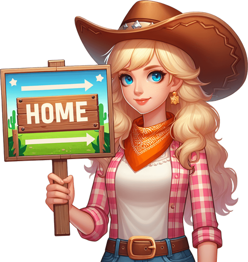 pretty blond human cowgirl holding a sign.
Single Game Texture. In-Game asset. 2d. Blank background. High contrast. No shadows.