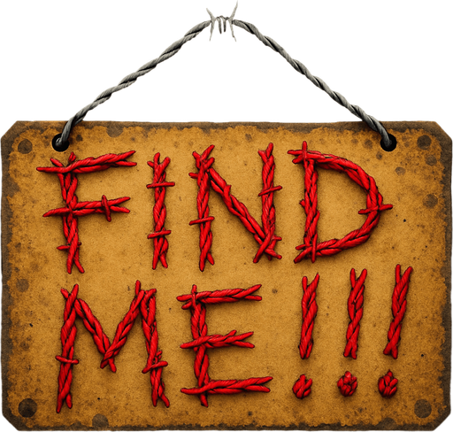 Scary sign have galvanized wires for message with description "find me!!!".red color text
In-Game asset.  High contrast.  No shadows. 3D
