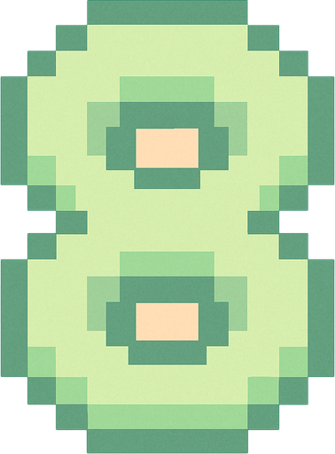 A pixel art number "8" designed for a cozy, cute retro 2D game UI with a bird theme. The number is rendered in soft pastel light green tones to harmonize with the gentle and sweet aesthetic of the game. It has a clean, simple, and rounded pixel style with no harsh edges, fitting perfectly within the pixel art UI style. The number is bold and easily readable at small sizes..
In-Game asset.  2d.  High contrast.  No shadows. pixel art. retro. 2d ui. number. pastel light green. simple. rounded edges. bold. cute. minimal