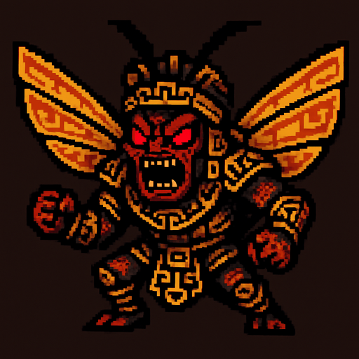 Genérame una Chicharra guerrero azteca con eso patrones, estilo pixelar, con una apariencia maligna, ojos rojos, rabioso. Unidad aerea con alas. Animal.
In-Game asset.  2d.  High contrast.  No shadows