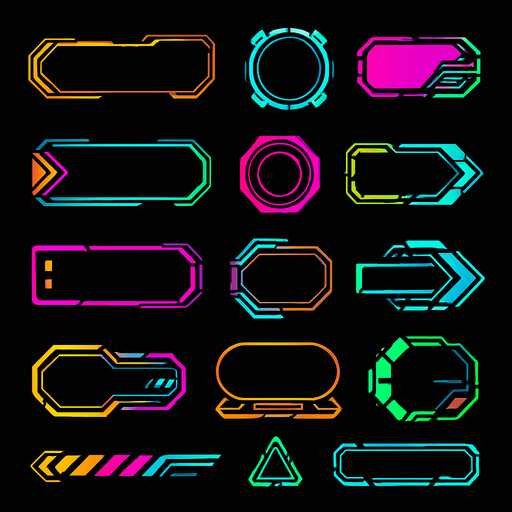 Buttons assets. cyberpunk. abstract. futuer. different colors. HD colors.
In-Game asset.  2d.  High contrast.  No shadows