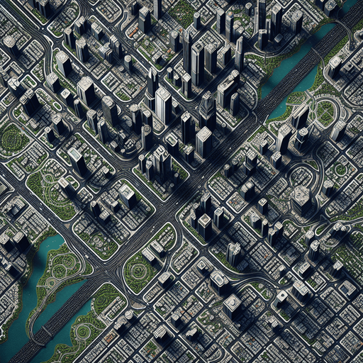 A top down view of a city.
Single Game Texture. In-Game asset. 2d. Blank background. High contrast. No shadows.