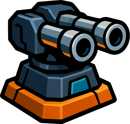 A duo barrel turret.
In-Game asset.  2d.  High contrast.  No shadows