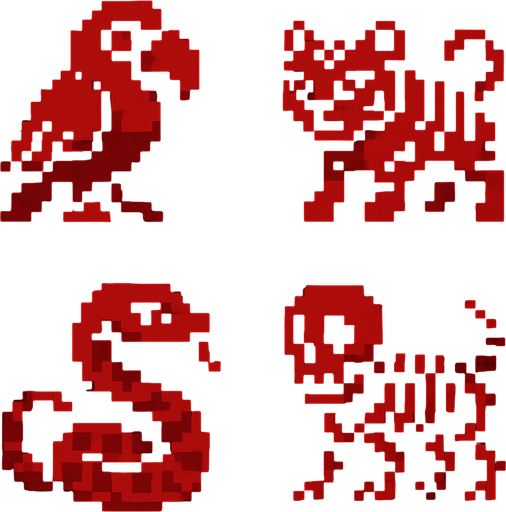 Ekranı 4 e böl ve 4 tane pet 2 d yap pixel biri papağan biri kaplan biri yılan biri de kemikten oluşan gizemli bir pet siyah kırmızı tarzı renkler kullan.
In-Game asset.  2d.  High contrast.  No shadows