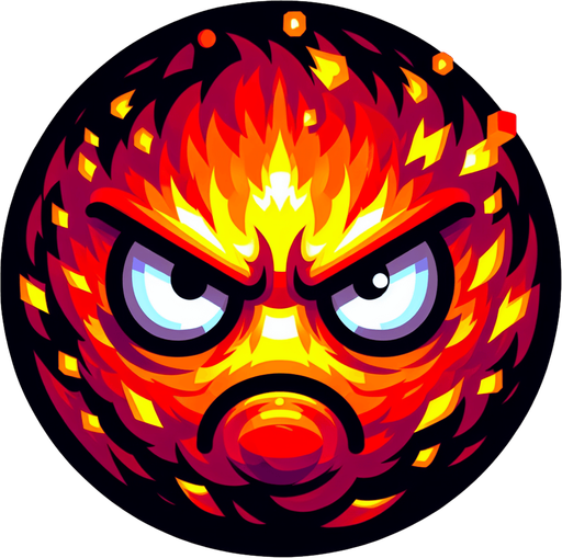 Fireball with angry face.
Single Game Texture. In-Game asset. 2d. Blank background. High contrast. No shadows. 8 bit