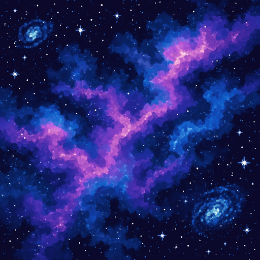 Space nebula background, cosmic clouds, purple and blue colors, stars and galaxies, sci-fi atmosphere, 2D pixel art.
In-Game asset.  2d.  High contrast.  No shadows