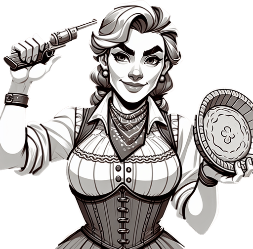 upper torso of a western cartoon barladygetting ready to throw a pie. front view.
Single Game Texture. In-Game asset. 2d. Blank background. High contrast. No shadows.