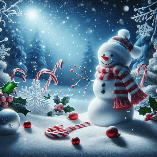 a feeric christmas landscape at night with a snow man , candy canes ,holly leafs and snow flakes, Background image