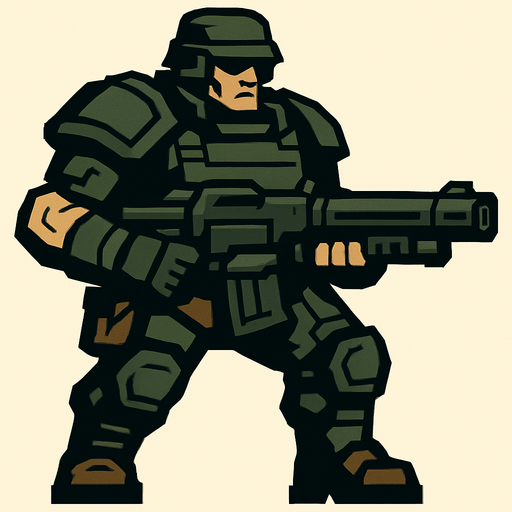 ağır silahlı savaşçı.
In-Game asset.  2d.  High contrast.  No shadows