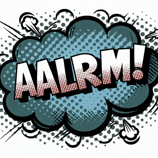 "ALARM" text bubble, comic style.
Single Game Texture. In-Game asset. 2d. Blank background. High contrast. No shadows.