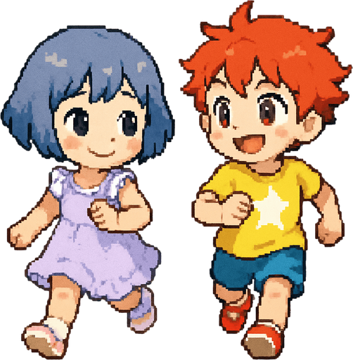 Yui y un niño anime, ambos de 5 o 6 años, corren por un parque soleado en una carrera infantil. Yui tiene el cabello corto, suave, azul grisáceo (HEX: #b0b9d8) y ojos negros. Lleva un vestido lavanda claro con volantes blancos y zapatillas blancas con detalles rosa pastel. Sonríe tímidamente con mejillas sonrojadas mientras corre con pasos pequeños.

El niño tiene cabello pelirrojo alborotado y ojos rojos intensos. Lleva una camiseta amarilla brillante con una estrella blanca, pantalones cortos azul claro y zapatillas rojas. Corre con energía, sonriendo ampliamente, mirando a Yui con entusiasmo.

La escena está en Pixel Art, con césped verde, árboles y pétalos flotando. Ambos se ven felices, reflejando un momento puro de infancia.