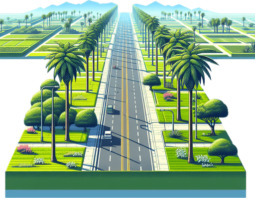 four-lane road with green lawns and palm trees.
Single Game Texture. In-Game asset. 2d. Blank background. High contrast. No shadows.