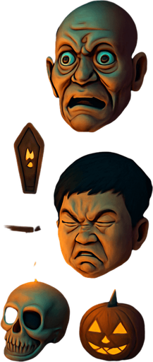 3D Scary room with many 3D decorations around, 3D scary masks of memes from movies around it.
In-Game asset.  3D.  High contrast.  No shadows. no jesus cross. no star of 6. no start of 5. no devil. HD colors