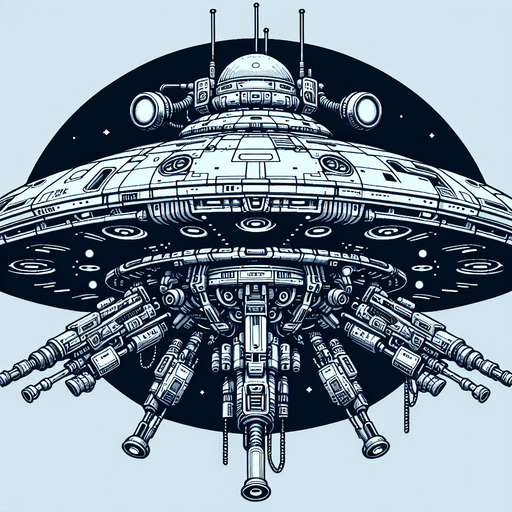 A ufo with weapons.
Single Game Texture.  In-Game asset.  2d.  Blank background.  High contrast.  No shadows