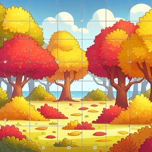 A background image for a puzzle video game depicting the season of fall. Cartoon.
Single Game Texture. In-Game asset. 2d. Blank background. High contrast. No shadows.