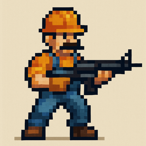 un hombre obrero hecho con pixeles de cuerpo completo sosteniendo un arma