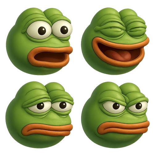 sprite sheet of Pepe the frog meme face with various exagerated facial expressions. each face shaped as a round marble shaped face made in blender 3D. arrange faces in a 2 by 2 grid