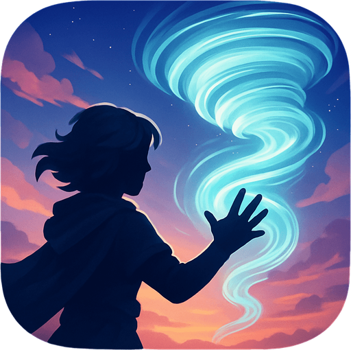 Modern App Store icon, high definition, square with rounded corners, for a game titled "Air Weaver" and with the description "A mystical adventure where you control the element of air through touch gestures. Harness wind currents, create tornadoes, and manipulate your environment by moving your hands across the screen. Master your air powers to overcome obstacles and restore balance to a world disrupted by chaotic weather patterns.". No text on icon!