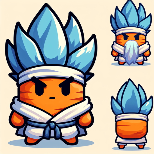 Design a 2D flat vector illustration of a short, carrot-shaped kung-fu master. The compact orange carrot body tapers neatly but is more compressed, emphasizing its chubby and endearing proportions. It features spiky blue Saiyan-style hair on top, radiating energy, and a long flowing white beard that signifies wisdom. A martial arts belt is tied around its middle, and a snug bandana completes its disciplined look. With sharp, focused eyes and a determined expression, it stands on two small, rounded feet, blending cuteness with a commanding presence..
Single Game Texture. In-Game asset. 2d. Blank background. High contrast. No shadows.
