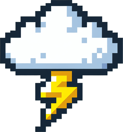 8-bit cloud with lightning. in game asset. white cloude. yellow lighning. Single Game Texture. In-Game asset. 2d. Blank background. High contrast. No shadows.
