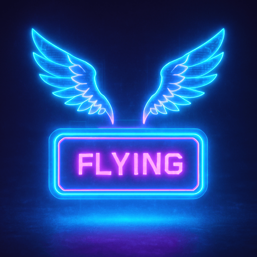 neon cyberpunk glowing FLYING button blue pink futuristic videogame hologram two feathered hologram wings off top