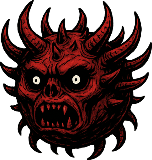un demonio bola grande 2d y semi realista con muchos cuernos y que sus ojos sean negros con pupilas blancas.
In-Game asset.  2d.  High contrast.  No shadows