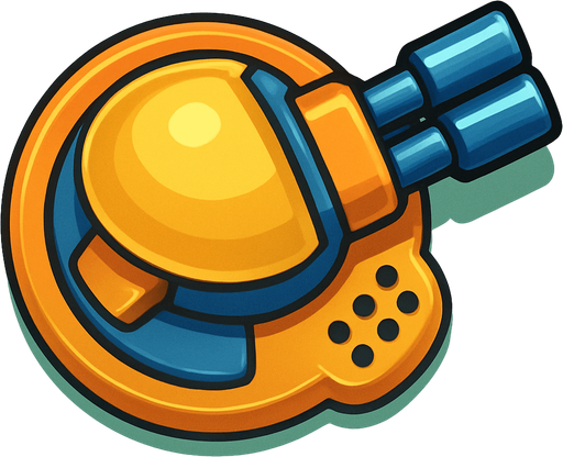 Crea la Torre Rapid en un estilo 2D renderizado, limpio y cartoonish, con contornos claros y definidos, colores vibrantes con transiciones suaves, y sombreado que da volumen a sus superficies superiores.
La perspectiva debe ser VISTA CENITAL (totalmente desde arriba). Esto significa que la torre se verá como si estuviera siendo observada directamente desde arriba, con los detalles de su parte superior siendo prominentes.
La base de la torre debe ser circular para permitir un movimiento de cañón cómodo. Los múltiples puntos de disparo pequeños deben estar orientados hacia la DERECHA.
La torre debe tener un perfil bajo y la menor cantidad de relieve vertical posible para facilitar una rotación fluida en la animación..
In-Game asset.  2d.  High contrast.  No shadows