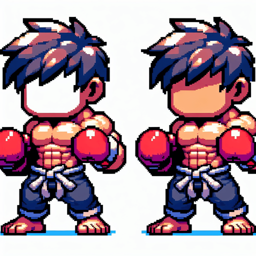 Fighter with 2 fight gloves, full body, mini fighter, big head, chibi.
Single Game Texture. In-Game asset. 2d. Blank background. High contrast. No shadows, detailed pixel art style