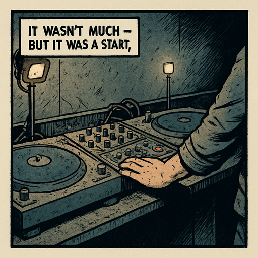A comic panel styled like a square photo print with a clean white border. Realistic comic art. Scene: A dusty DJ booth, some lights flickering, the equipment old but intact. Noah places his hand on the mixer with a hint of reverence. Narrator box at the top reads: “It wasn’t much — but it was a start.”.
In-Game asset.  2d.  High contrast.  No shadows
