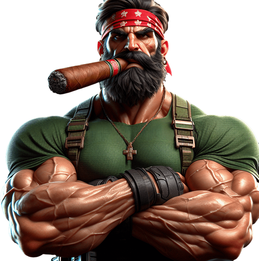 Badass marine with a green muscle T-shirt and a red bandana and a big cigar hanging from his mouth.
Single Game Texture. In-Game asset. 2d. Blank background. High contrast. No shadows.