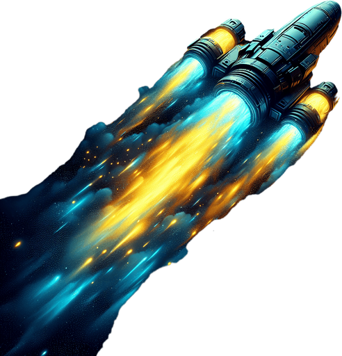 Game texture, Single Spaceship Engine exhaust light particle, yellow blue fire. Black background.