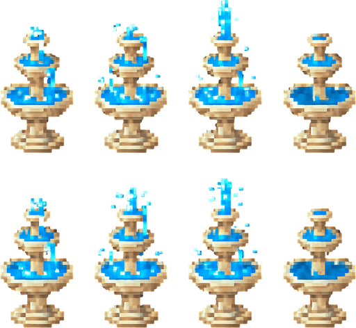 A sprite sheet for a small standing tiered fountain. Sprites for water animation and one with no water. Retro pixel art..
In-Game asset.  2d.  High contrast.  No shadows