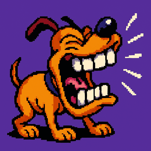 Un perro bobo ladrando con los ojos cerrados  pixel art dientes grandes, estilo earthworm jim.
In-Game asset.  2d.  High contrast.  No shadows