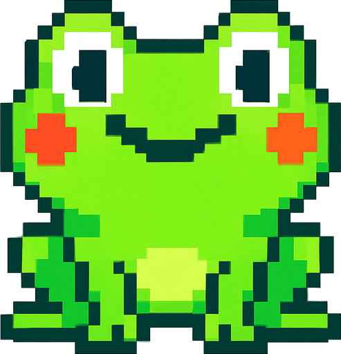 La rana debe ser un personaje simpático de color verde brillante, con ojos grandes y expresivos que miran al frente, mejillas redondeadas y una sonrisa divertida; su cuerpo debe ser compacto y ligeramente ovalado, con patas traseras marcadas pero no exageradas, diseñada en estilo pixel art, y puede tener una pequeña animación de parpadeo o un leve rebote para darle vida; el fondo debe ser transparente y el estilo visual debe coincidir con un juego colorido y casual..
In-Game asset.  2d.  High contrast.  No shadows