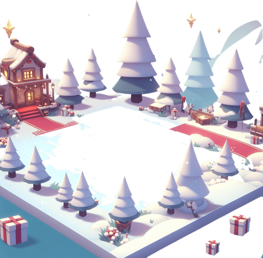 Christmas landscape scene, soft colours. Blank background. High contrast. No shadows. Single Game Texture. In-Game asset. 2d. Blank backgroud Single Game Texture. In-Game asset. 2d. Blank background. High contrast. No shadows.