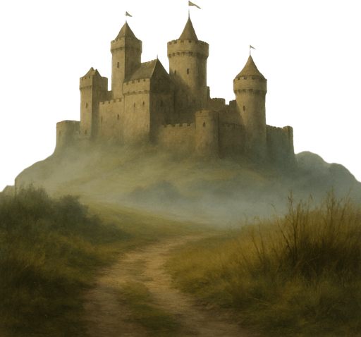 Krallık oyunu başladıktan sonra kullanılacak, arka planda bir kale olan ama çok karanlık veya kasvetli görünmeyen, hafif sisli ve tarihi atmosferli bir sahne. Gökyüzü açık ya da hafif bulutlu, renkler doğal ve dengeli olmalı.”