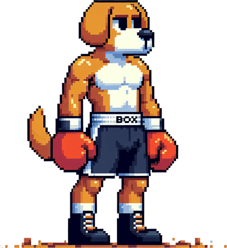anthropomorphic dog wearing boxing shorts and boxing gloves, boxer, pixel art
Single Game Texture. In-Game asset. 2d. Blank background. High contrast. No shadows.