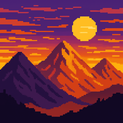 Montañas en atardecer pixelart.
In-Game asset.  2d.  High contrast.  No shadows