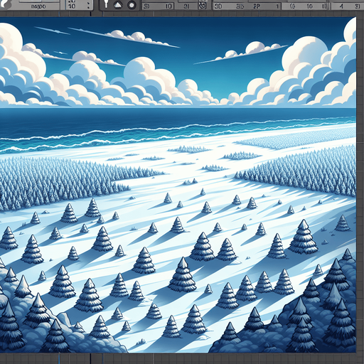 A snow covered plains stretching to horizon. Top down perspective view from afar. Rich winter colors. Illustration. Single Game Texture. In-Game asset. 2d. Blank background. High contrast. No shadows.