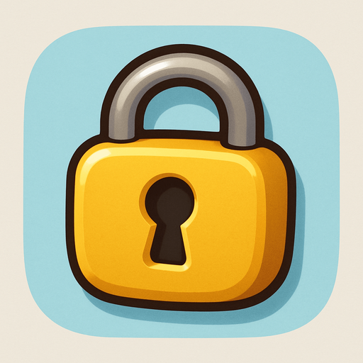 A small, flat 2D padlock icon designed for mobile games. The lock should be cartoon-style with a rounded body, thick outline, and a keyhole in the center. Use soft shadows and a slight 3D effect. The color should be golden yellow or metallic gray, clearly visible when placed over a flag. The icon must have a transparent rounded background and be suitable for overlaying on a world map UI in a kids’ adventure game..
In-Game asset.  2d.  High contrast.  No shadows