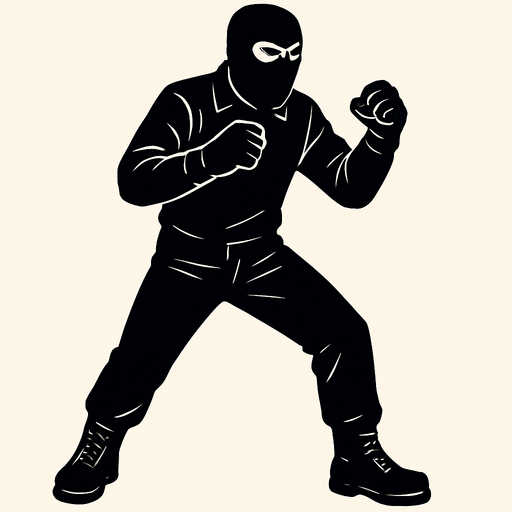 hombre con camisa negra de manga larga, pantalones negros, botas negras y guantes negros y un pasamontañas negro en posicion de combate.
In-Game asset.  2d.  High contrast.  No shadows