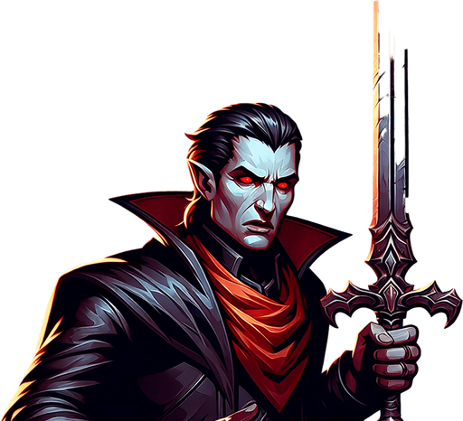 A drakula kept an sword.
Single Game Texture. In-Game asset. 2d. Blank background. High contrast. No shadows.